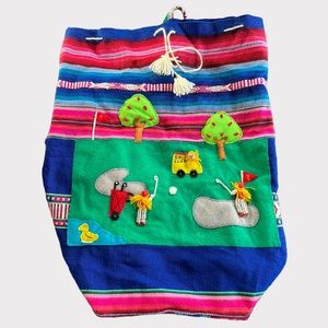 Vintage Large Handmade Golf Themed Woven Multicolor Backpack